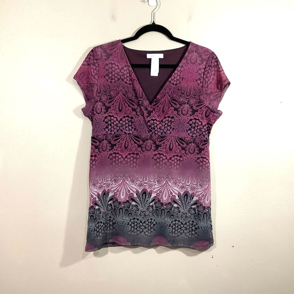 Liz Wear Womens Boho Floral V-Neck Shirt L Purple Fairy Grunge Y2K Retro Tribal